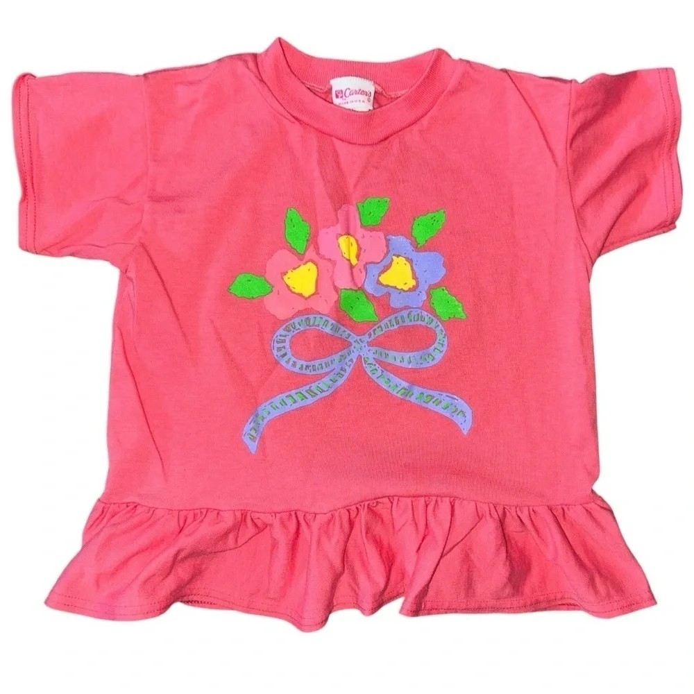 Carters Vintage Girls 3T Pink Floral Ruffle Hem T-Shirt Pull On Striped Shorts
